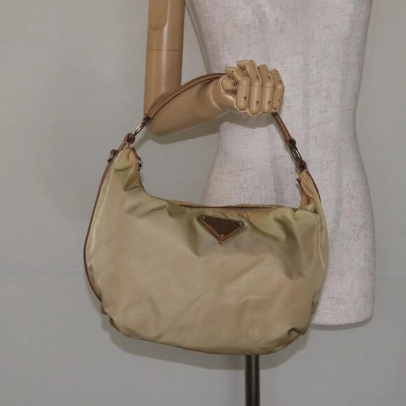 PRADA Shoulder Bag Nylon Leather Beige Silver Auth 131422 - Picture 1 of 16